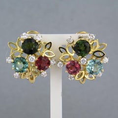 14k Bicolor Gold Clip-On Earrings with Topaz, Tourmaline, Diamonds