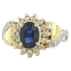 Anello in oro bicolore 14k con zaffiro e diamanti, 5,1 gr - US 7,25
