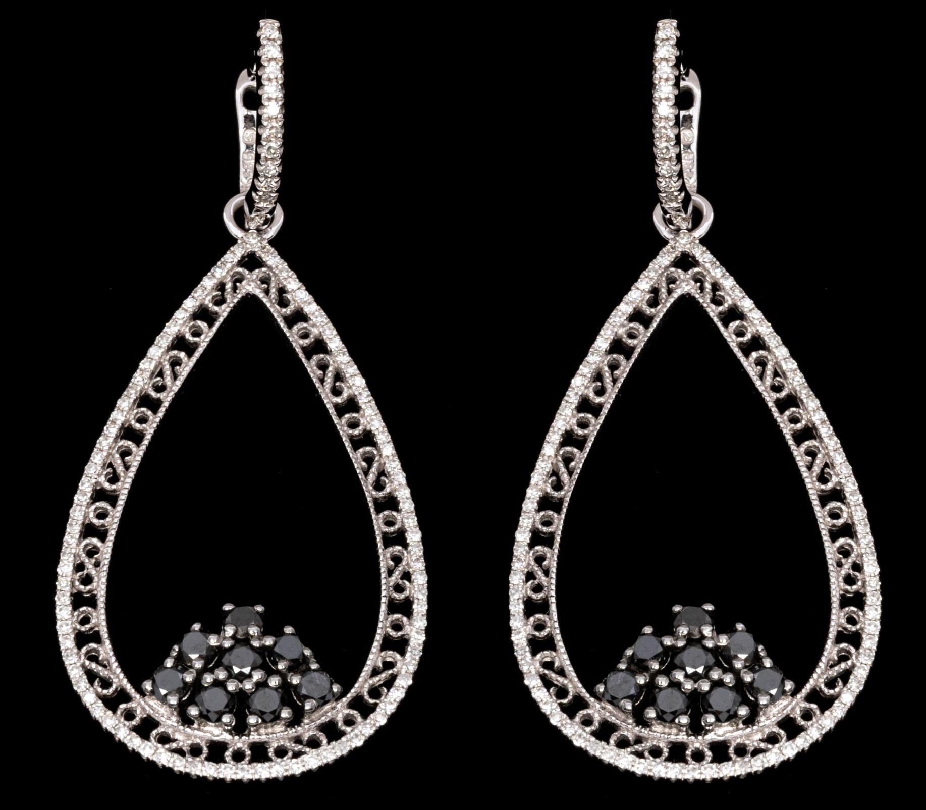 Contemporary 14k Black And White Diamond Pear Shaped Pendant Earrings, 1.68 TCW For Sale
