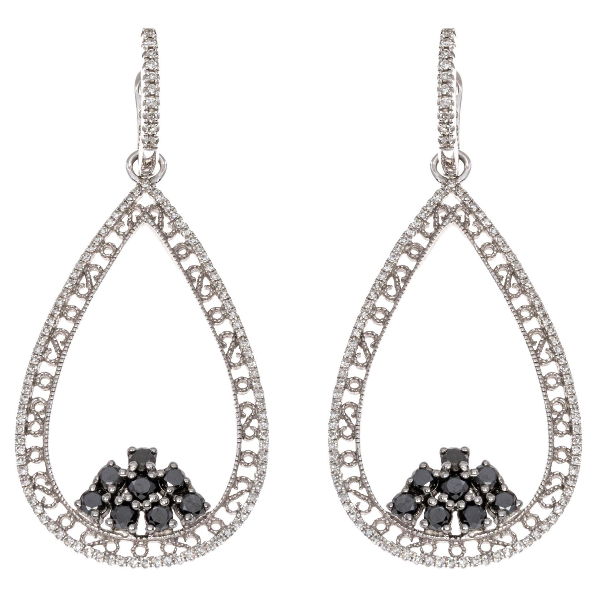 14k Black And White Diamond Pear Shaped Pendant Earrings, 1.68 TCW For Sale