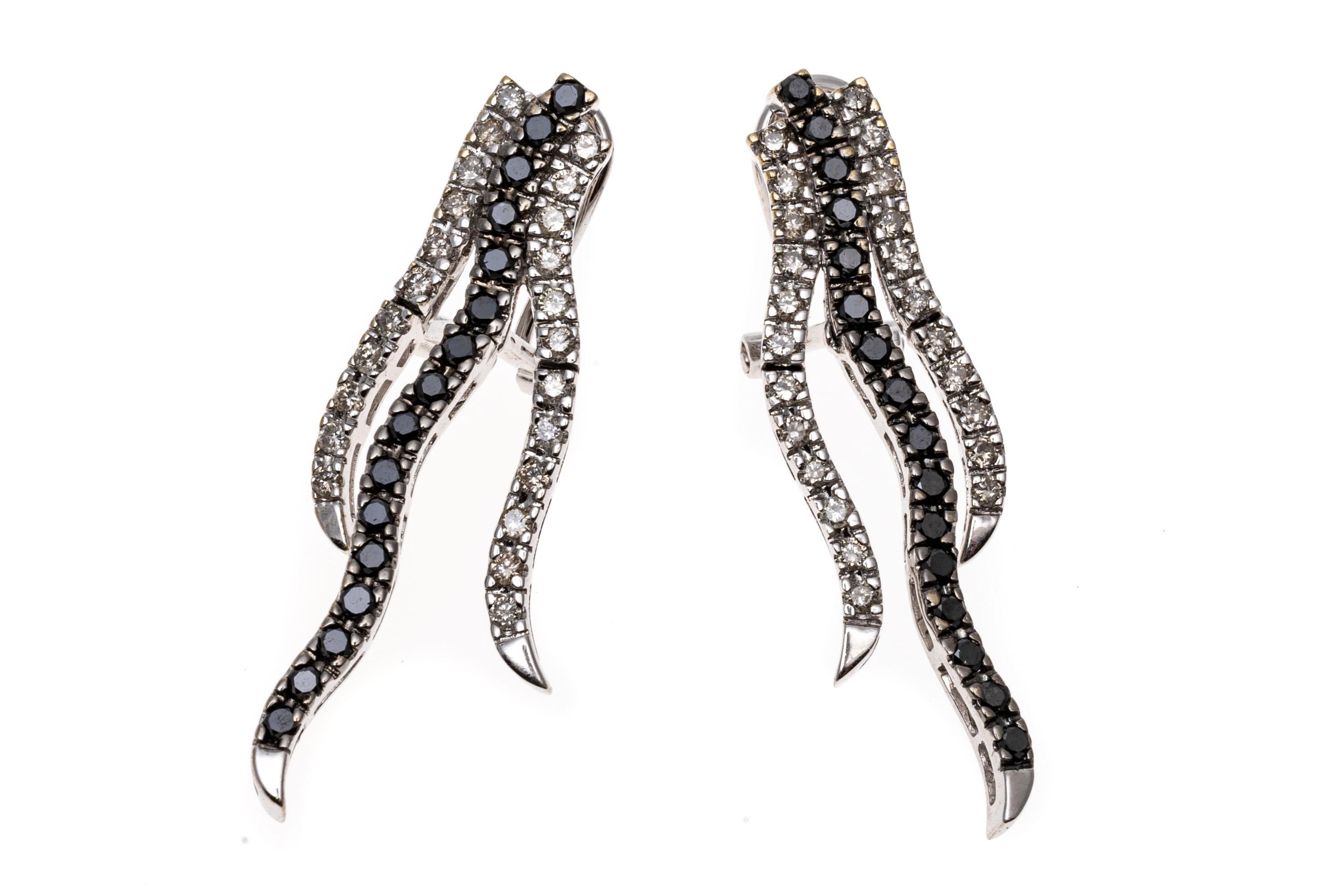 14K, Black and White Diamond Wave Drop Earrings For Sale 5
