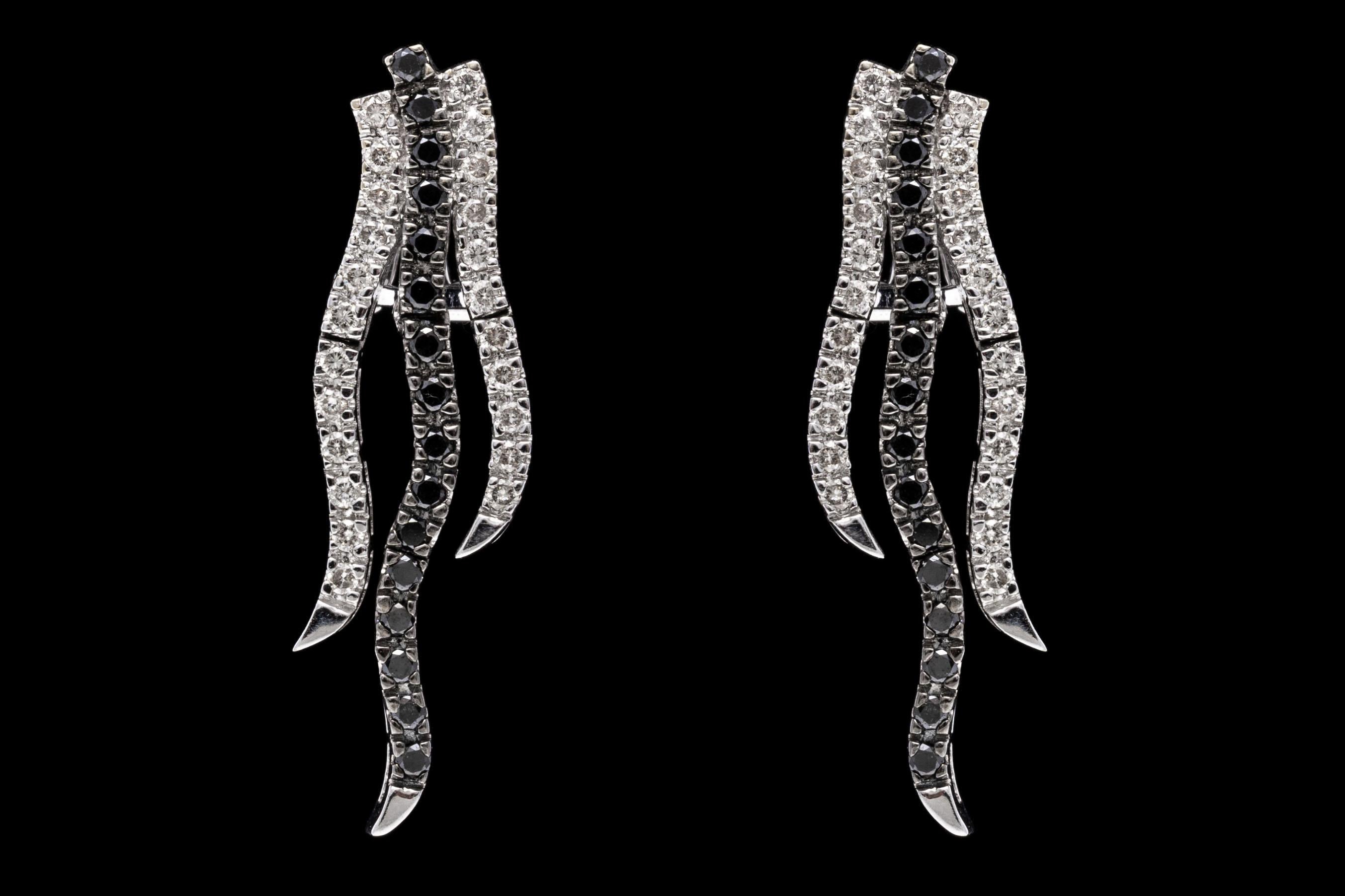 14K, Black and White Diamond Wave Drop Earrings For Sale 1