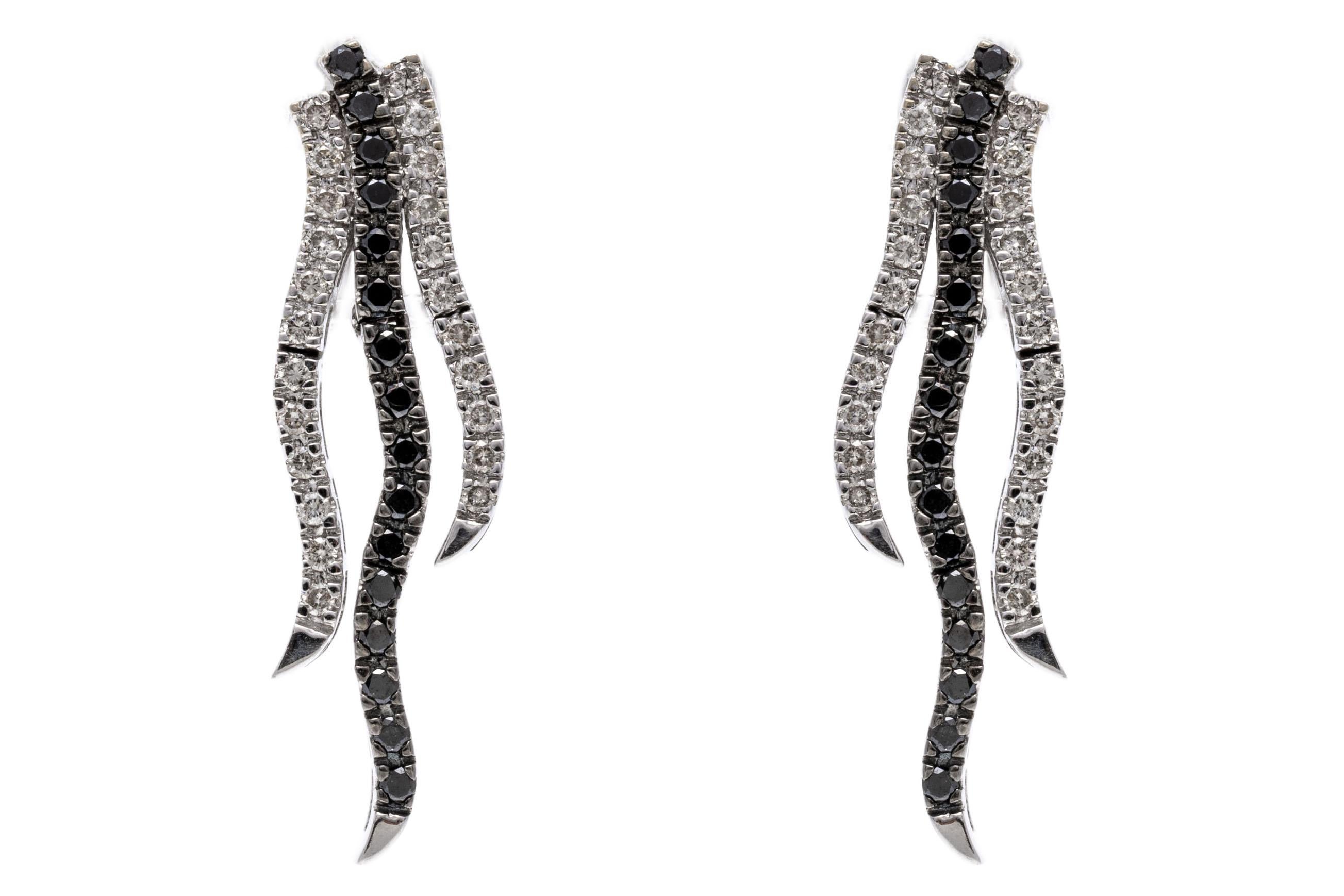 14K, Black and White Diamond Wave Drop Earrings For Sale 2