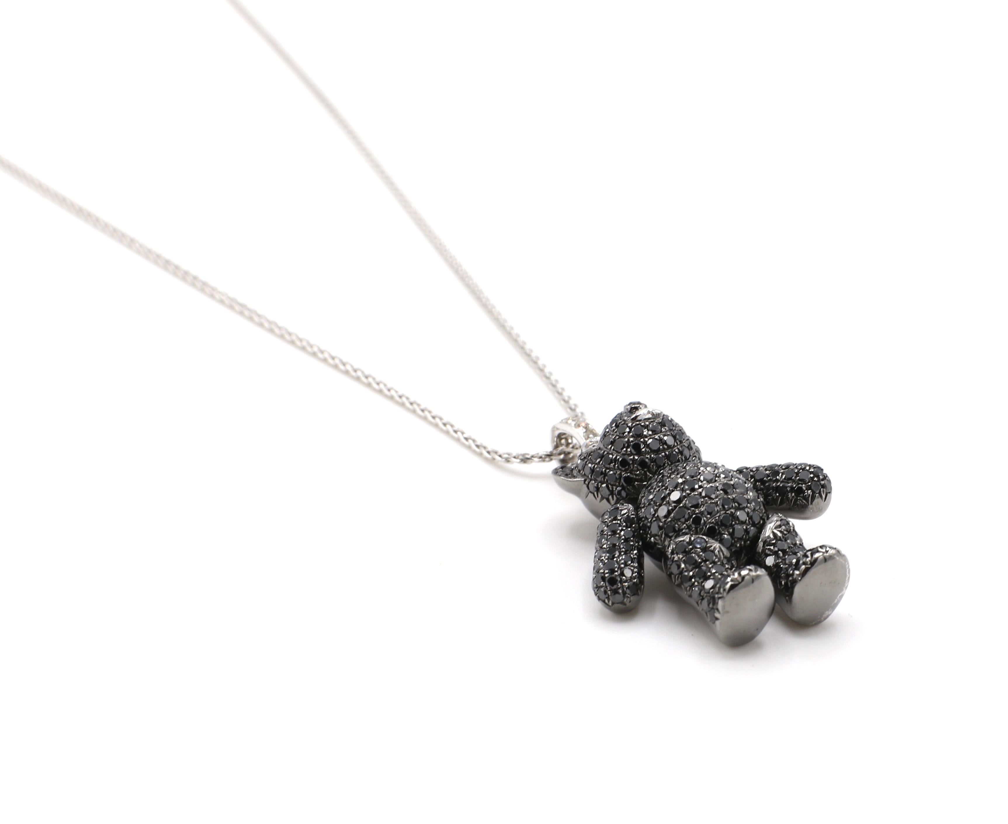 Modern 14 Karat Black Diamond Movable Teddy Bear Drop Pendant Necklace