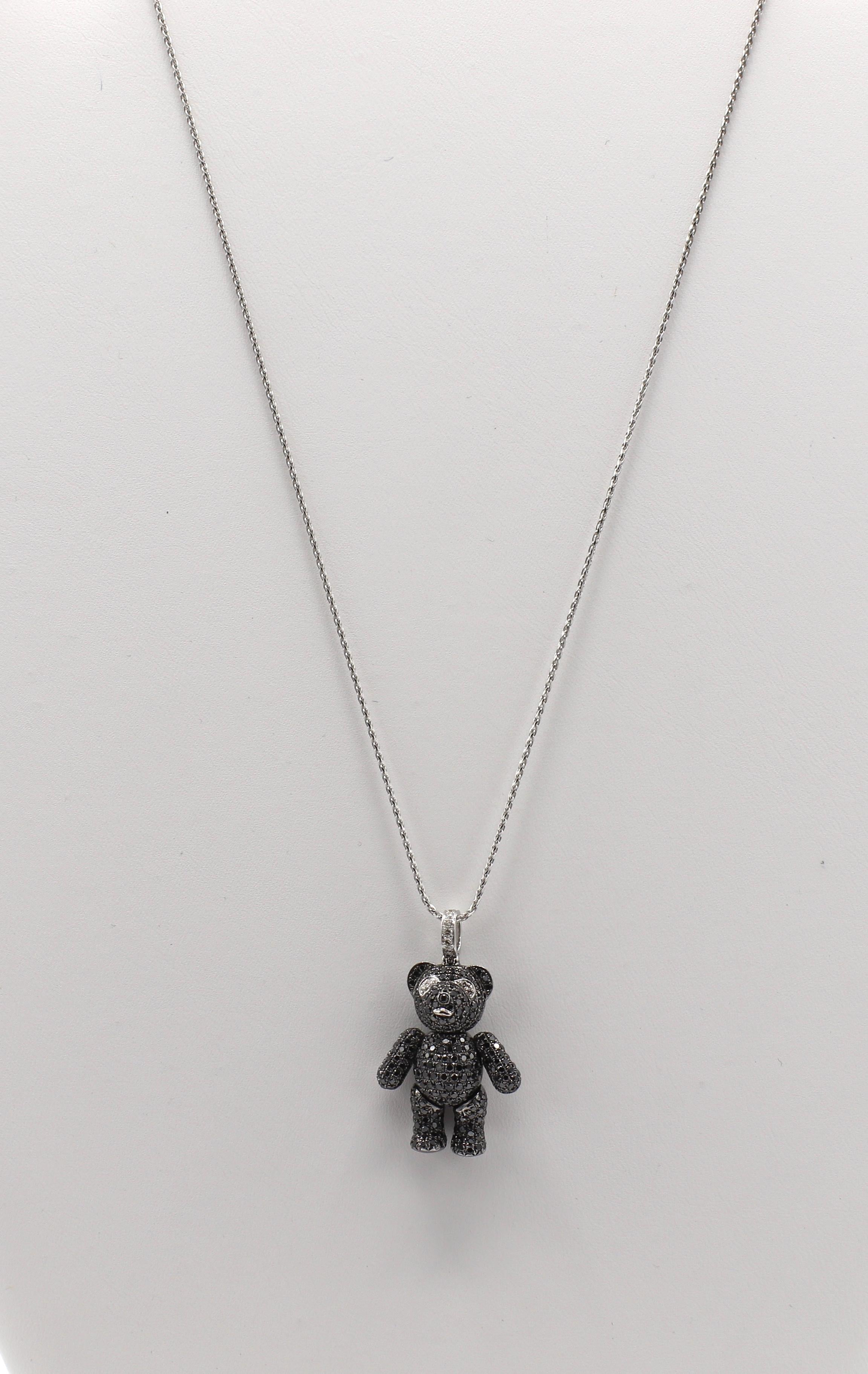 14 Karat Black Diamond Movable Teddy Bear Drop Pendant Necklace In Excellent Condition In  Baltimore, MD