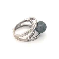 14k White Gold Black Pearl & Diamond Ring, Late 20th Century
