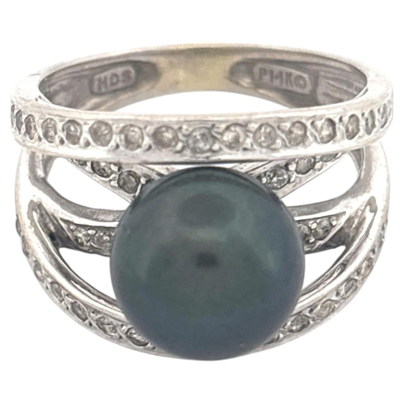 14k White Gold Black Pearl & Diamond Ring, Late 20th Century