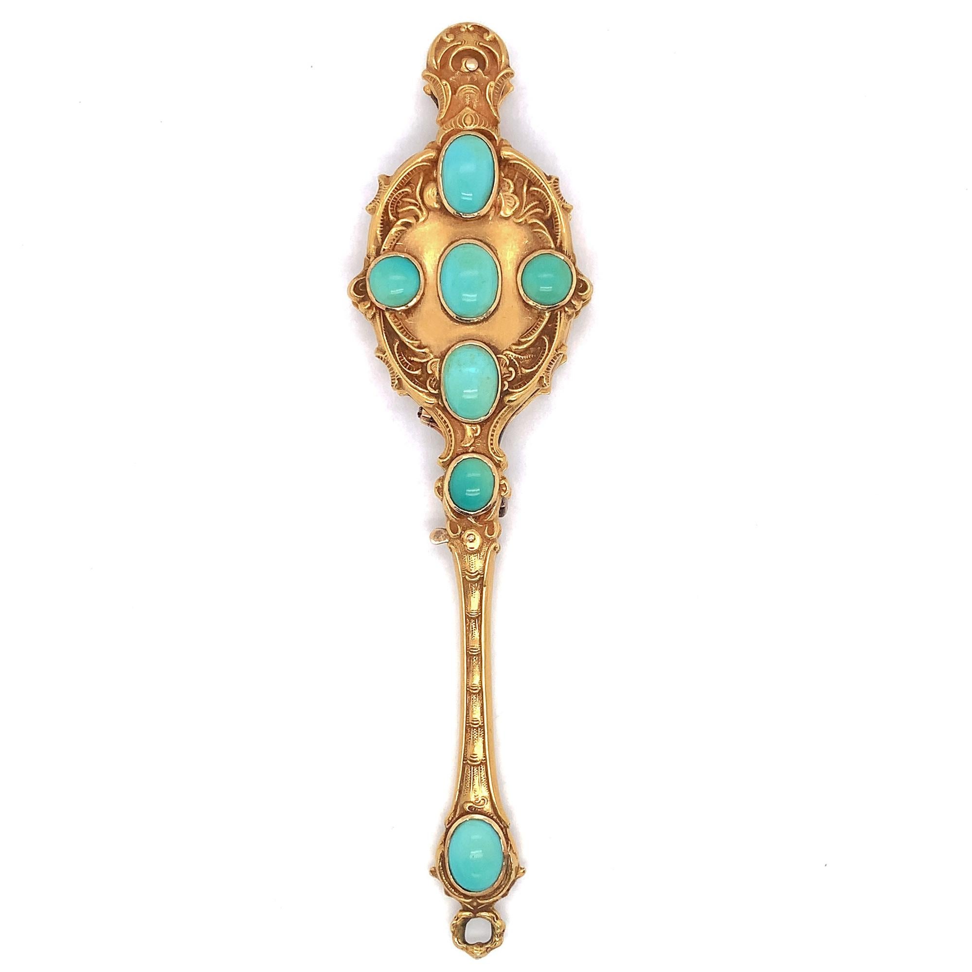 Black Starr & Frost 14K yellow gold Art Nouveau lorgnette or opera glasses with 7 natural turquoise gemstone cabochons. It measures 4 7/8” long and 1 1/4