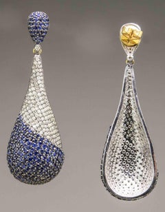 14 Karat Blackened Gold Blue and White Diamond Teardrop Earrings