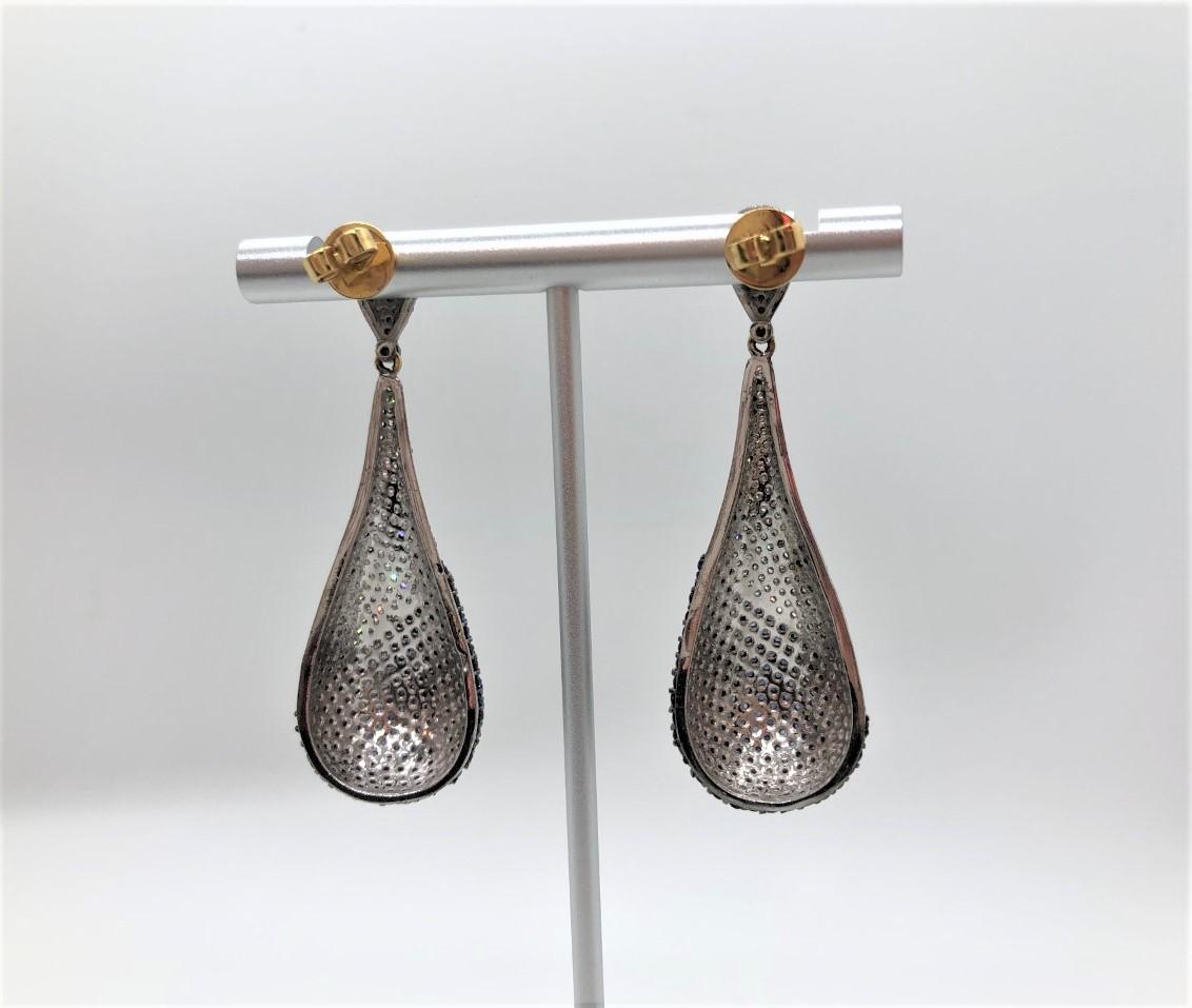 Women's 14 Karat Blackened Gold Blue and White Diamond Teardrop Earrings For Sale