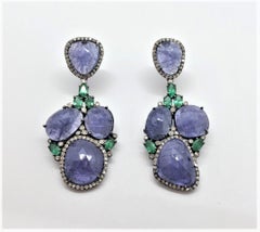 14 Karat Blackened Gold Tanzanite and Emerald Earrings with Diamonds