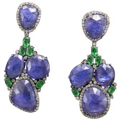 14 Karat Blackened Gold Tanzanite and Emerald Earrings with Diamonds