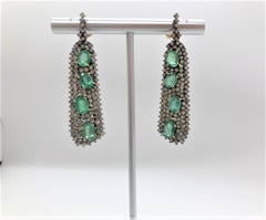 14 Karat Blackened Gold Victorian Style Emerald and Diamond Drop Earrings