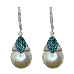 14k Blue and White Diamond Pearl Earrings
