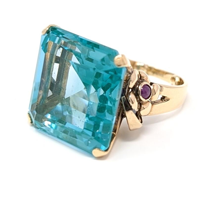 14k Blue Green Topaz Ring Ruby Solid Yellow Gold Large Square Cut Size 4.75 For Sale 2