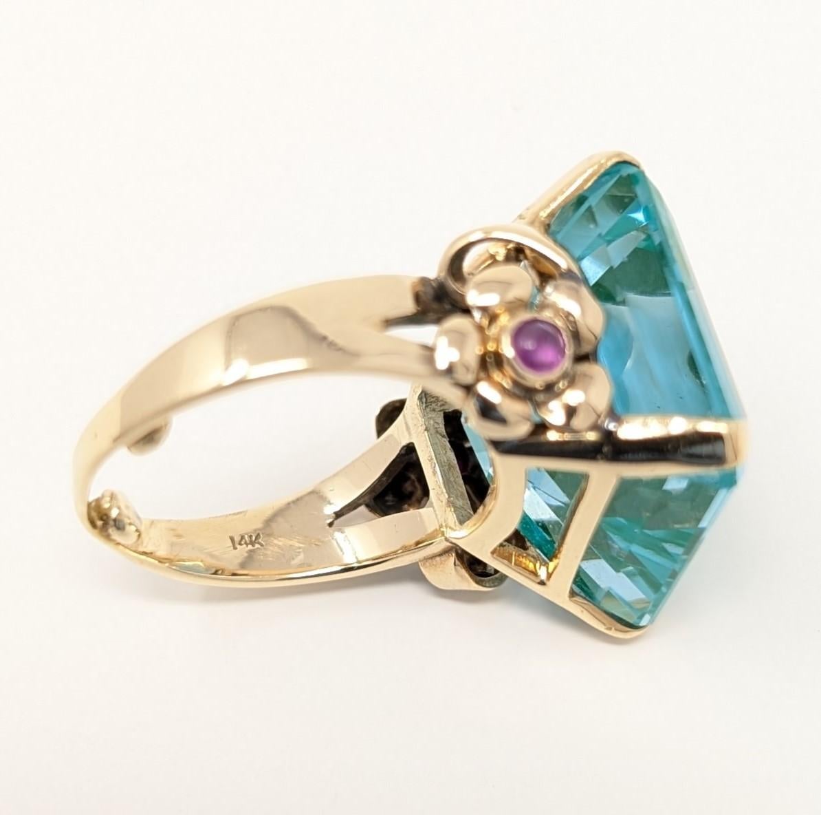 14k Blue Green Topaz Ring Ruby Solid Yellow Gold Large Square Cut Size 4.75 For Sale 3