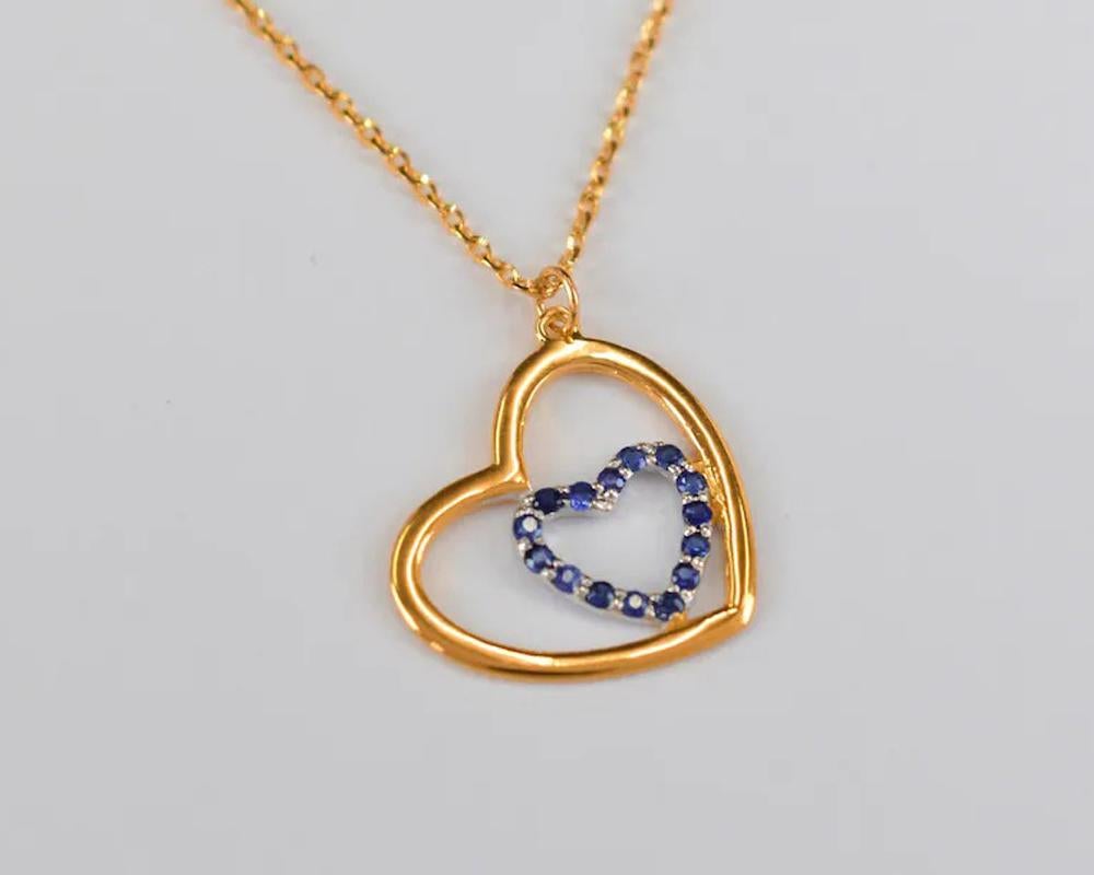 Modern 14k Gold Blue Sapphire Necklace Dainty Heart Necklace For Sale