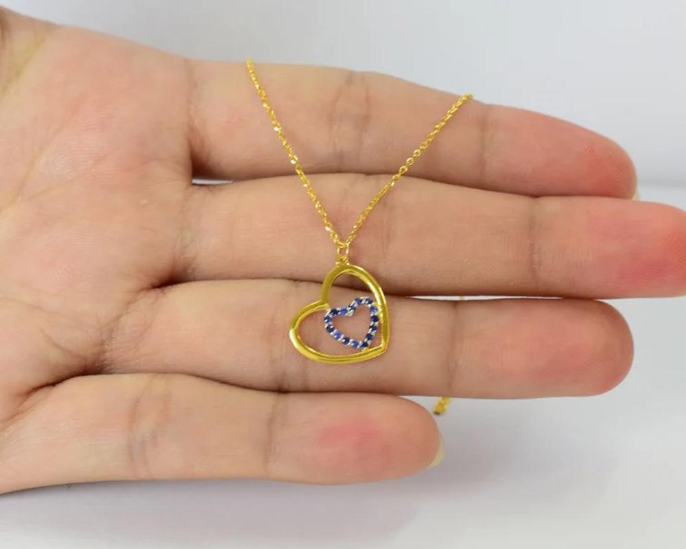 Women's or Men's 14k Gold Blue Sapphire Necklace Dainty Heart Necklace For Sale