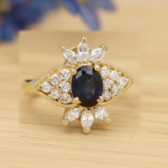 14k Blue Sapphire Ring Natural Diamonds Cocktail Ring Solid Gold