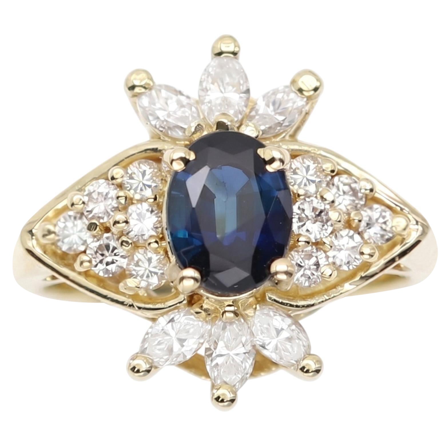 14k Blue Sapphire Ring Natural Diamonds Cocktail Ring Solid Gold