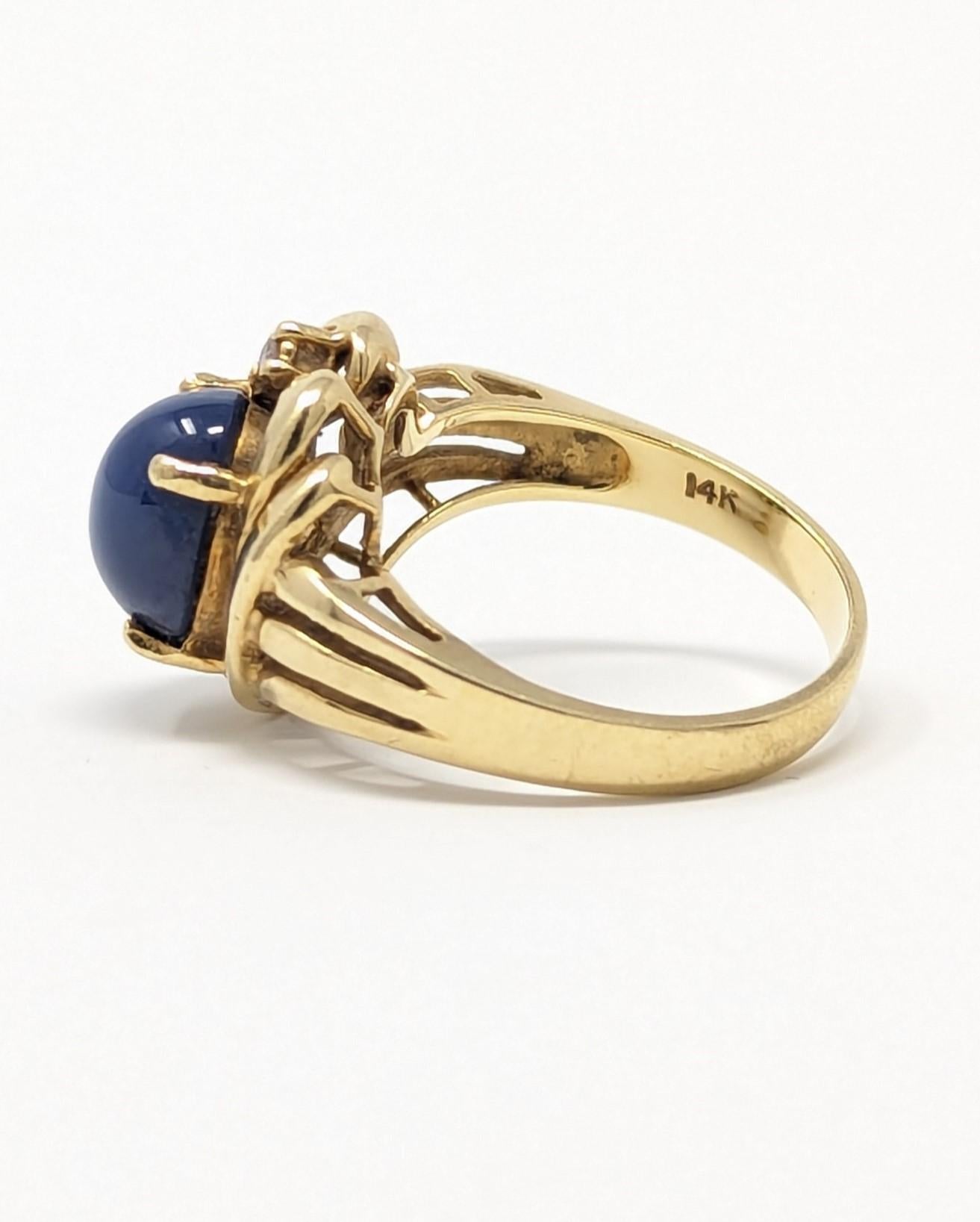 Cabochon 14k Blue Star Sapphire Ring with Diamond set in Solid Yellow Gold Size 6.25 For Sale