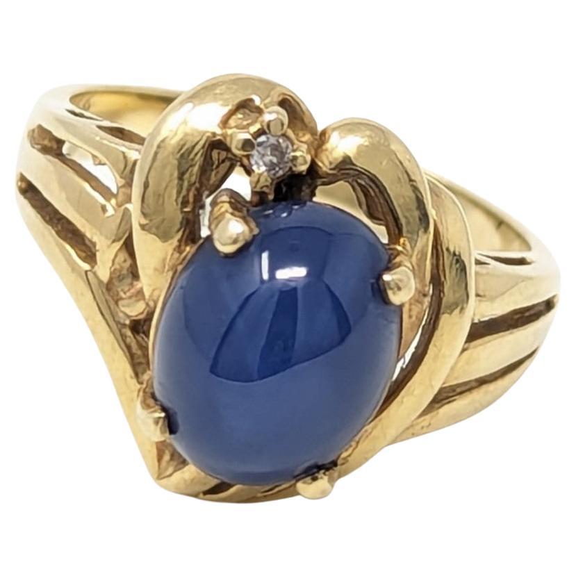 14k Blue Star Sapphire Ring with Diamond set in Solid Yellow Gold Size 6.25