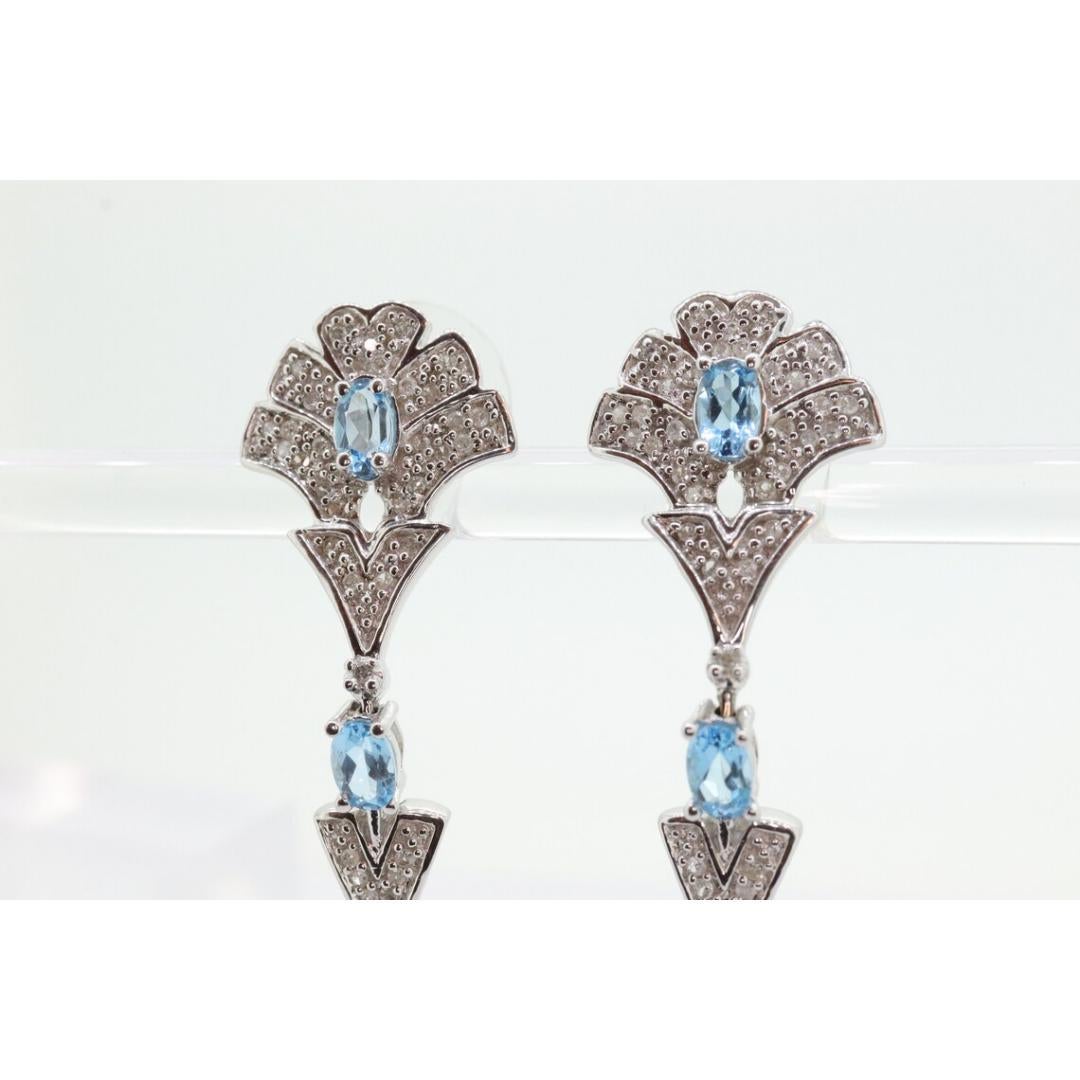 14k Blue TOPAZ and Diamond Dangle earrings. Blue Topaz Princess Earrings. For Sale 6