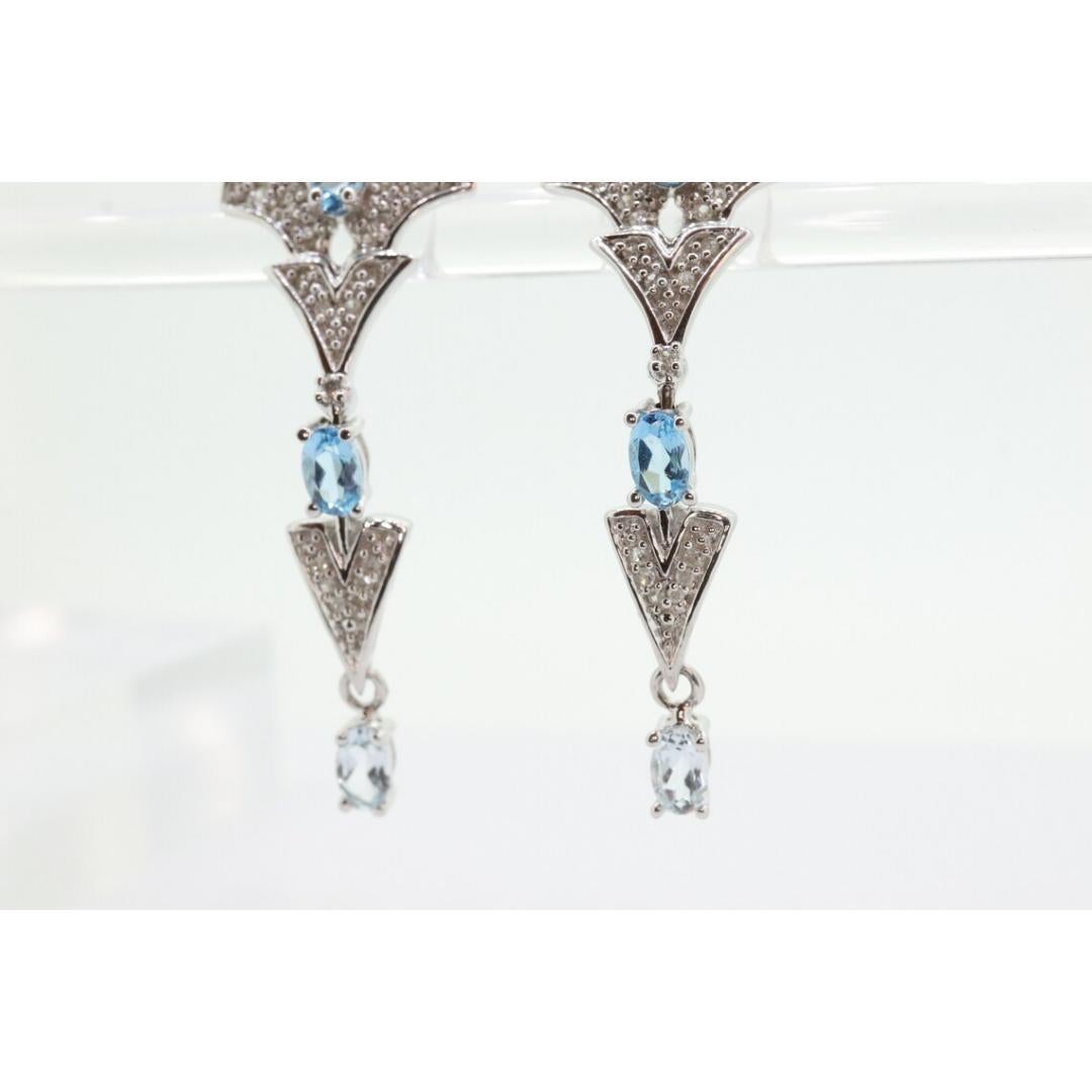 14k Blue TOPAZ and Diamond Dangle earrings. Blue Topaz Princess Earrings. For Sale 1