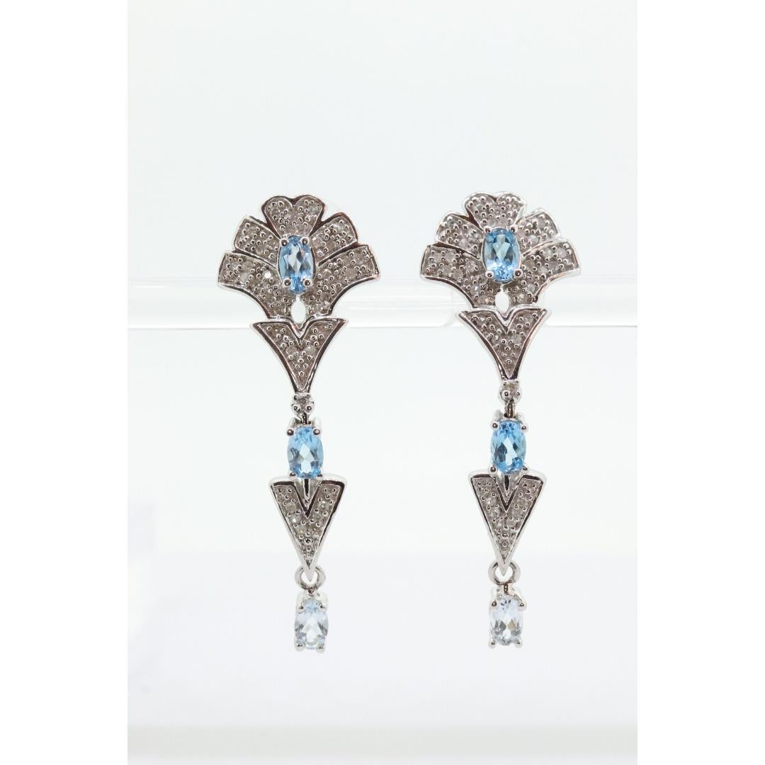 14k Blue TOPAZ and Diamond Dangle earrings. Blue Topaz Princess Earrings. For Sale 2