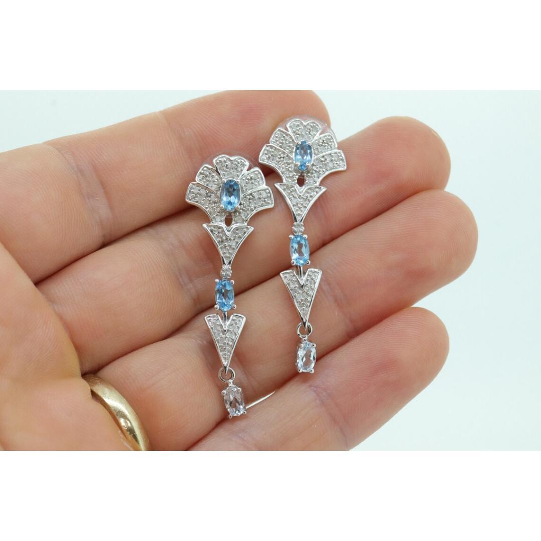 14k Blue TOPAZ and Diamond Dangle earrings. Blue Topaz Princess Earrings. For Sale 3