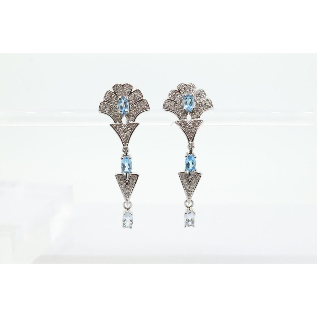 14k Blue TOPAZ and Diamond Dangle earrings. Blue Topaz Princess Earrings. For Sale 4