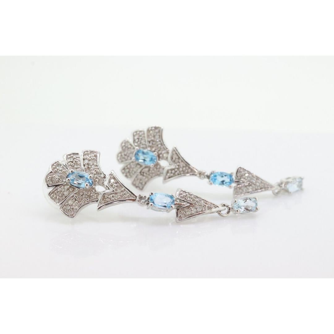 14k Blue TOPAZ and Diamond Dangle earrings. Blue Topaz Princess Earrings. For Sale 5