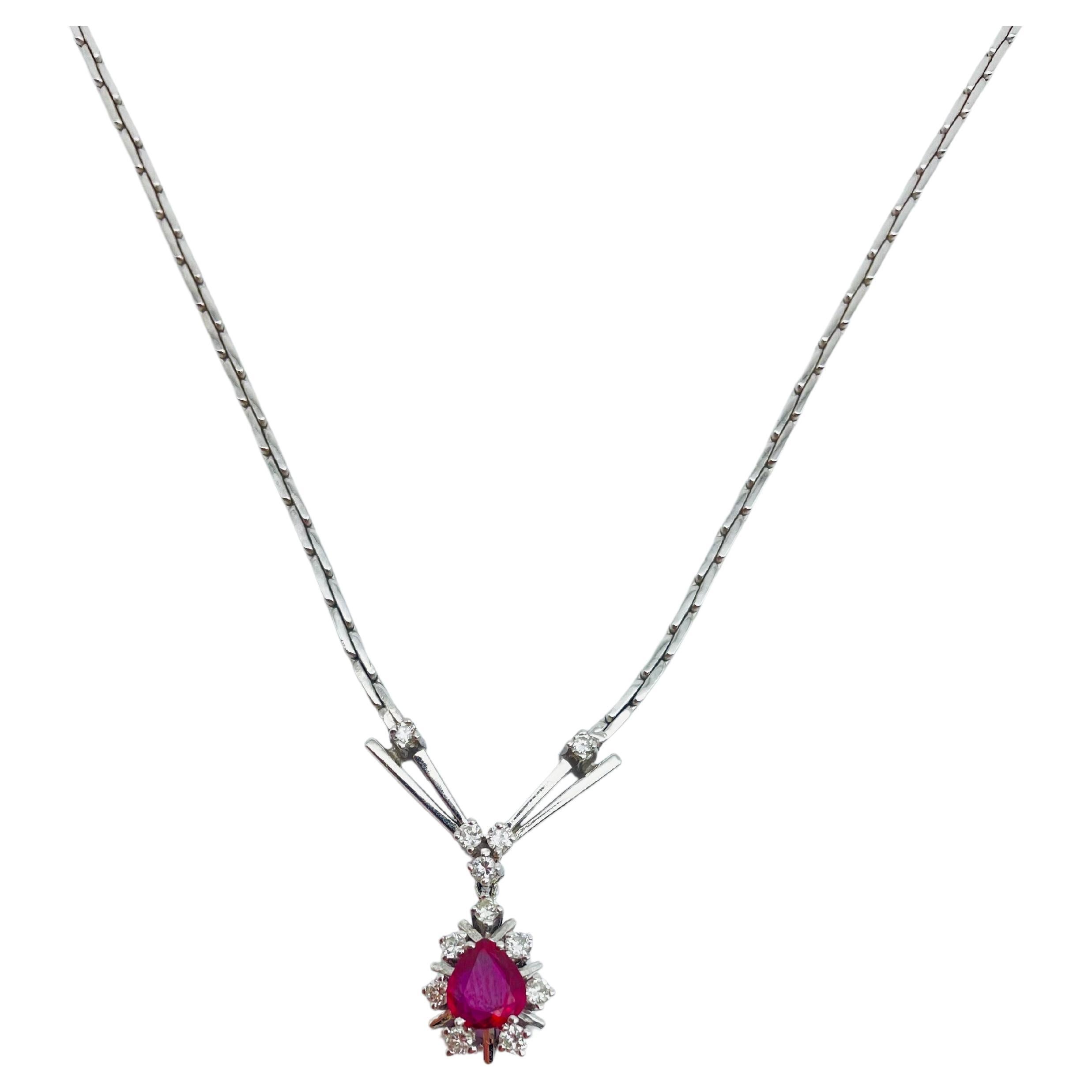 14k Brilliant '0.3 Carat' White Gold Necklace with Red Colored Stone
