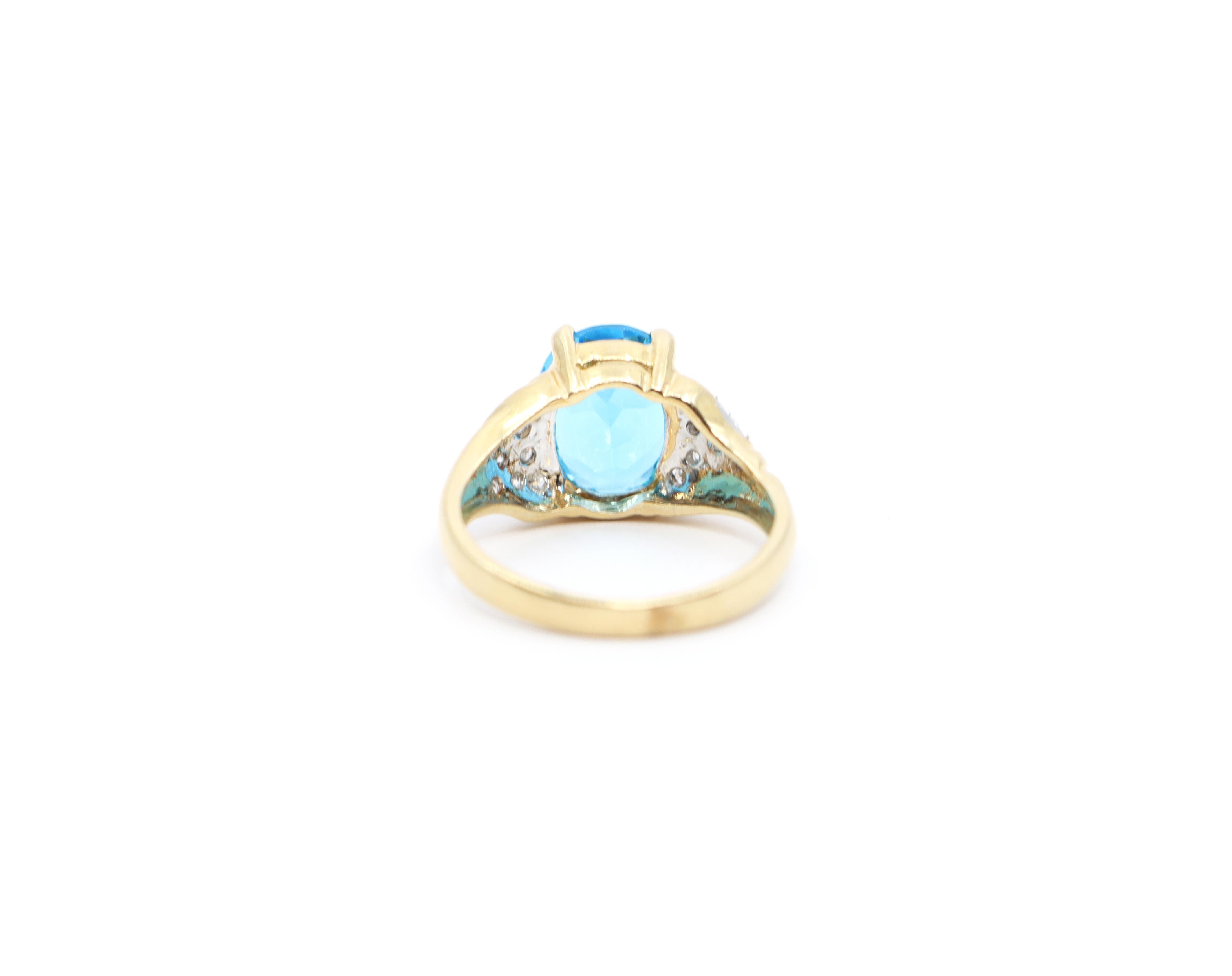 Oval Cut 14k Brilliant Blue Topaz and Diamond Ring For Sale