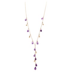 Vintage 14K Briolette Amethyst & Tear Drop Bead Lariat Necklace