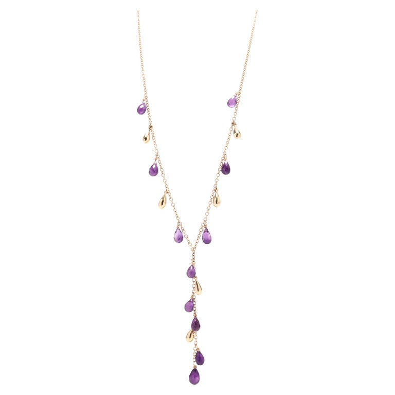 14K Briolette Amethyst and Tear Drop Bead Lariat Necklace at 1stDibs