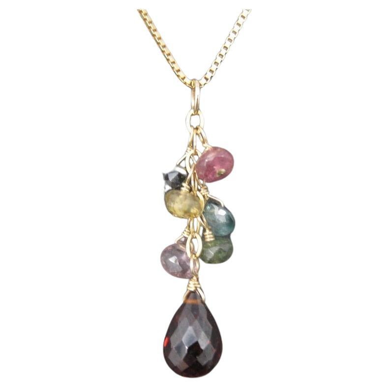 14K Briolette Gemstone Pendant Necklace For Sale