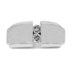 14K Brushed Matte and High Polished Finish White Gold and Diamond Mens Band Ring