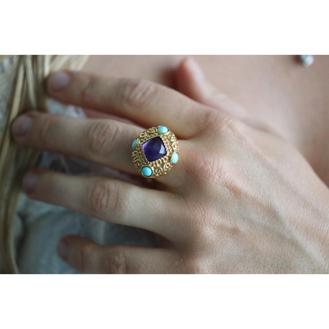 14k Bubble Turquoise and Amethyst stone Ring. 14k Turquoise Amethyst Candy 2