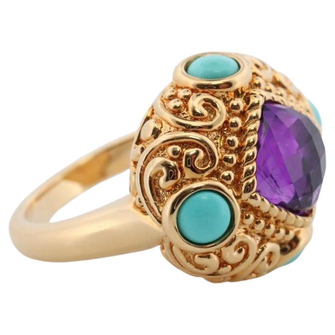 Vintage from the 1980s
Materials: Gold
Gemstone: Turquoise
Gem color: Blue
Style: Minimalist
Beautiful and FUN Bubble turquoise and Amethyst 14k Ring

Condition: Shows no signs of use

Details:
19mm by 22mm top
10mm Amethyst
4mm round