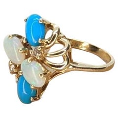 14k Bubble Türkis Cabochon Opal Diamant-Cluster Ring. 14k Türkis-Cluster