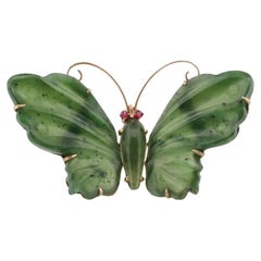 14k Butterfly Brooch. Green Jade Large Butterfly with Ruby Eyes. Natural Jade