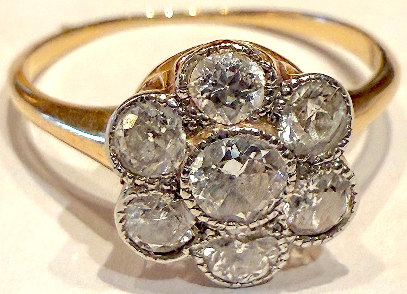 Cushion Cut 14K c 1940 diamond flower cluster ring For Sale