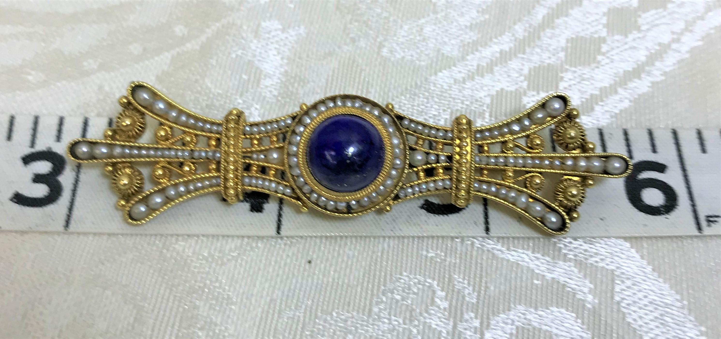 14 Karat Cabochon Lapis Lazuli Seed Pearl Brooch In Excellent Condition For Sale In Cincinnati, OH