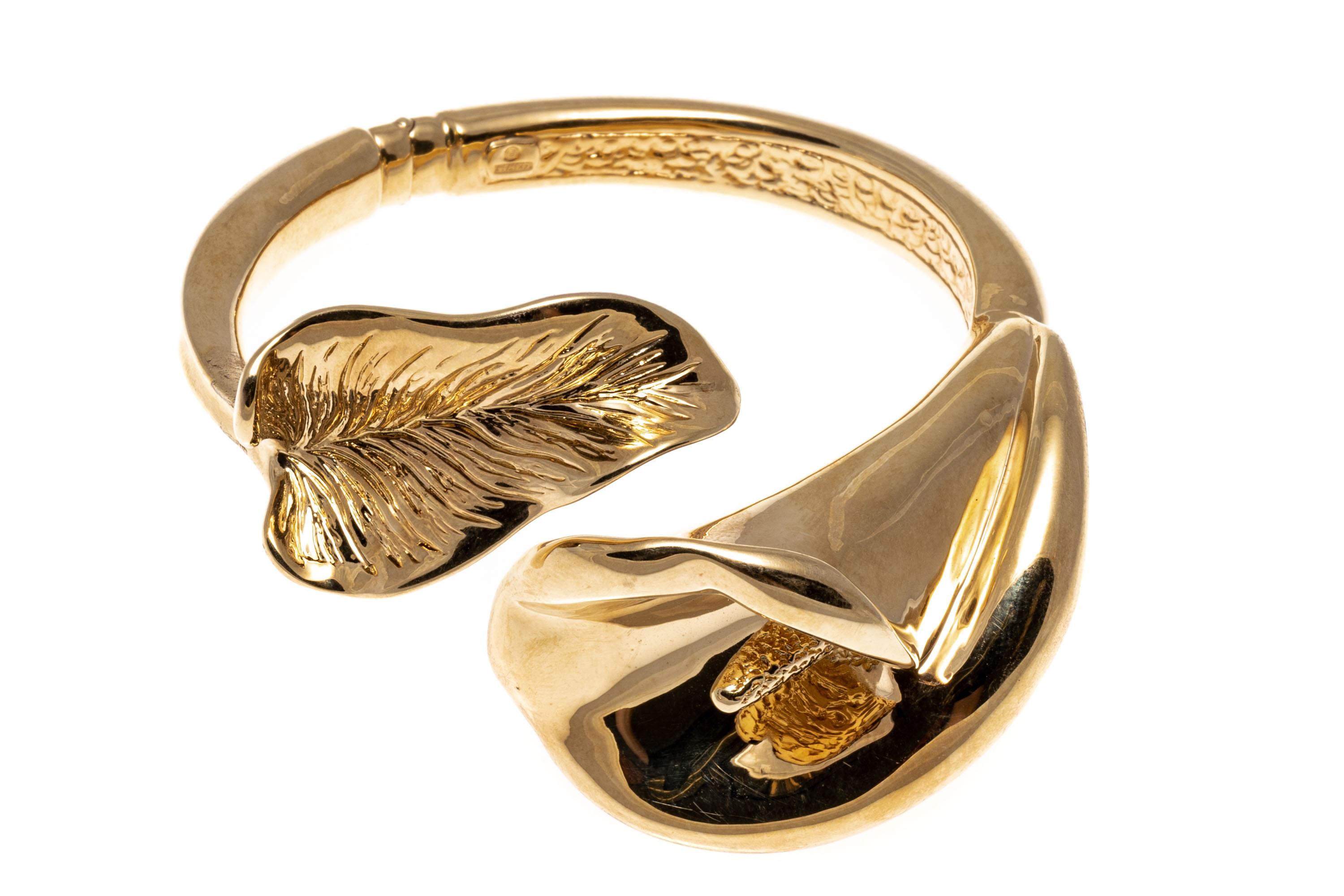 14K Yellow Gold Calla Lily Form Hinged Cuff Bracelet 3