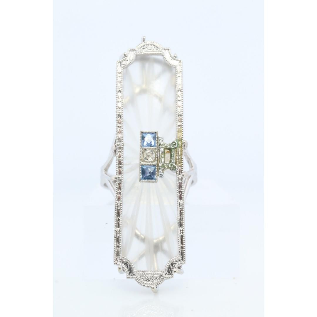 Women's 14k Camphor Glass Diamond Princess Sapphire ring. Art Deco Filigree Frosted Rock For Sale