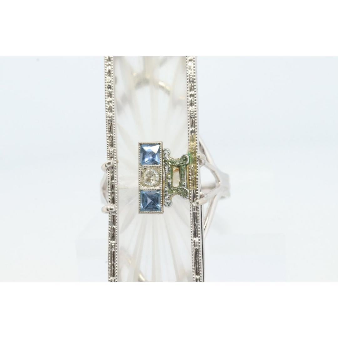 14k Camphor Glass Diamond Princess Sapphire ring. Art Deco Filigree Frosted Rock For Sale 2