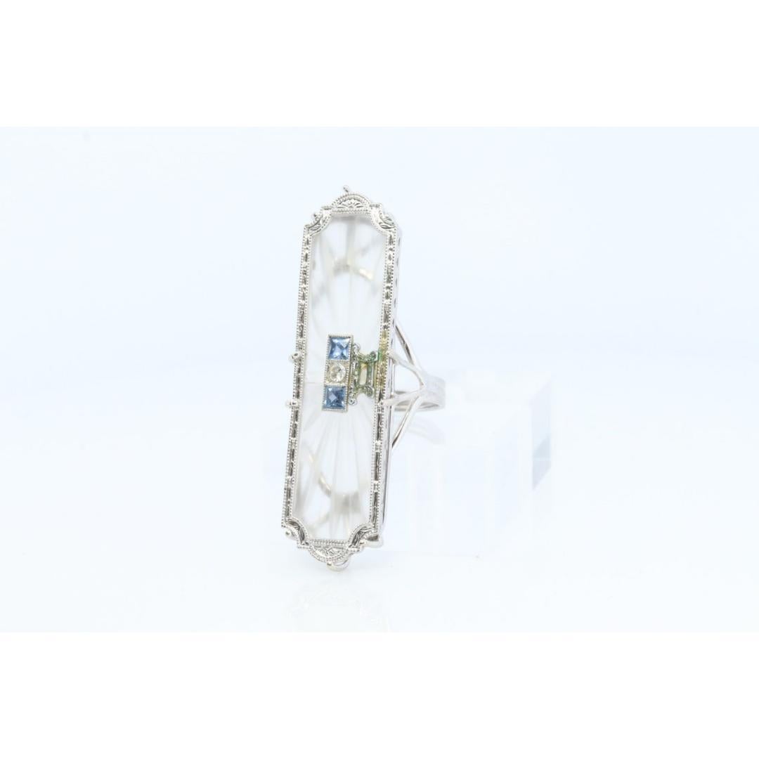 14k Camphor Glass Diamond Princess Sapphire ring. Art Deco Filigree Frosted Rock For Sale 5