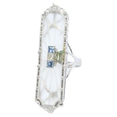 14k Camphor Glass Diamond Princess Sapphire ring. Art Deco Filigree Frosted Rock