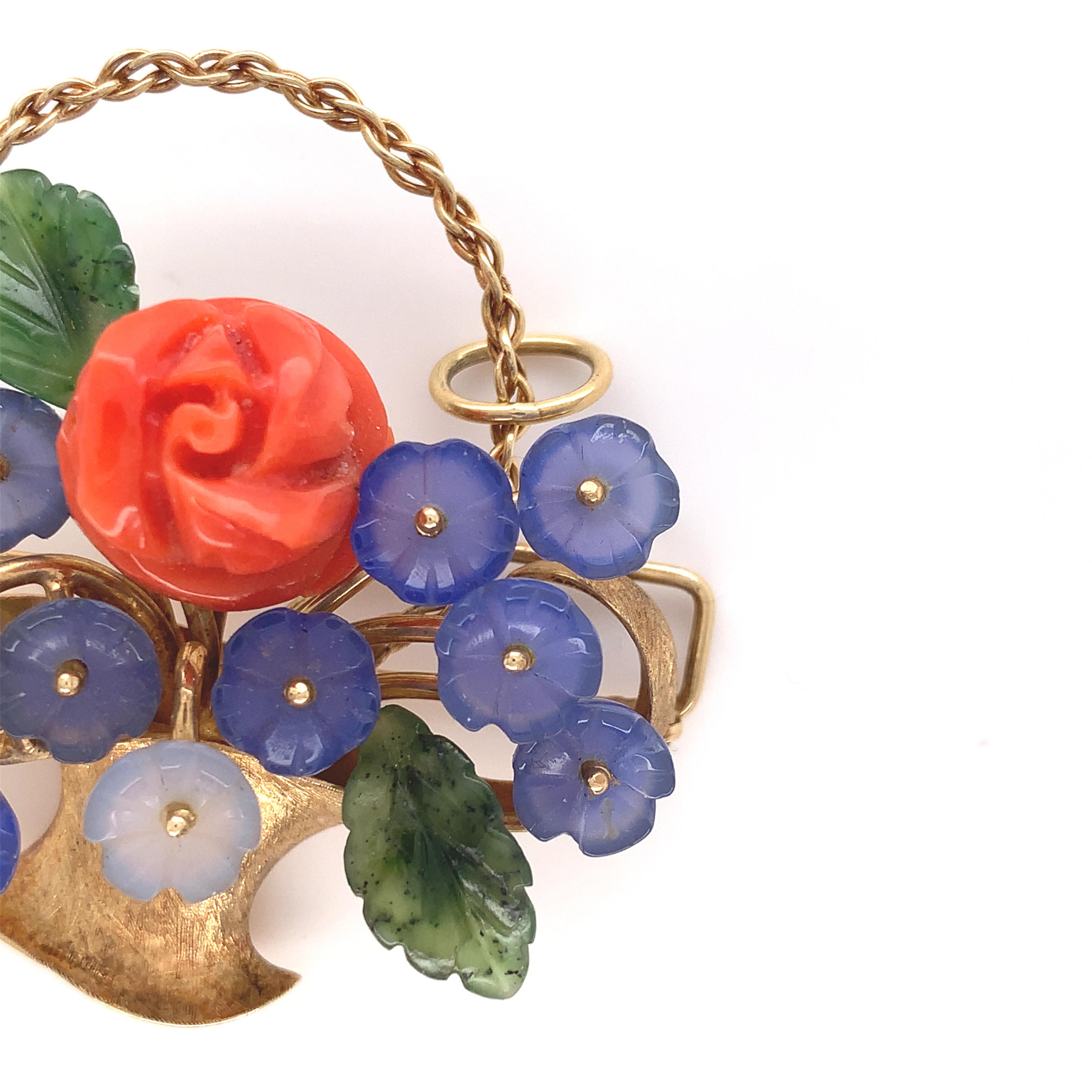 Bead 14K Carved Coral and Chalcedony Flower and Jade Leaf Flower Basket Pin For Sale
